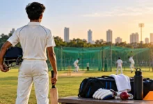Young cricketer training at cricket nets in India