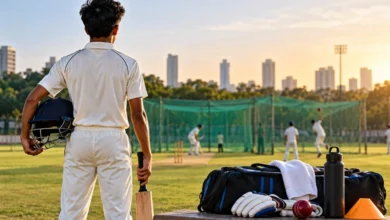 Young cricketer training at cricket nets in India