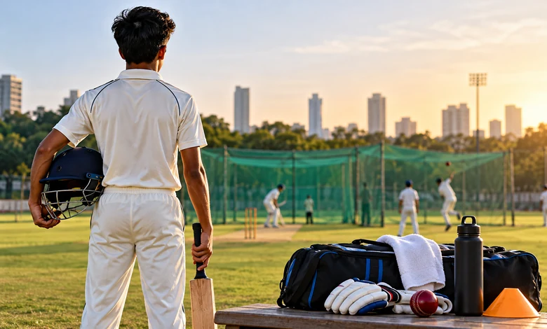 Young cricketer training at cricket nets in India